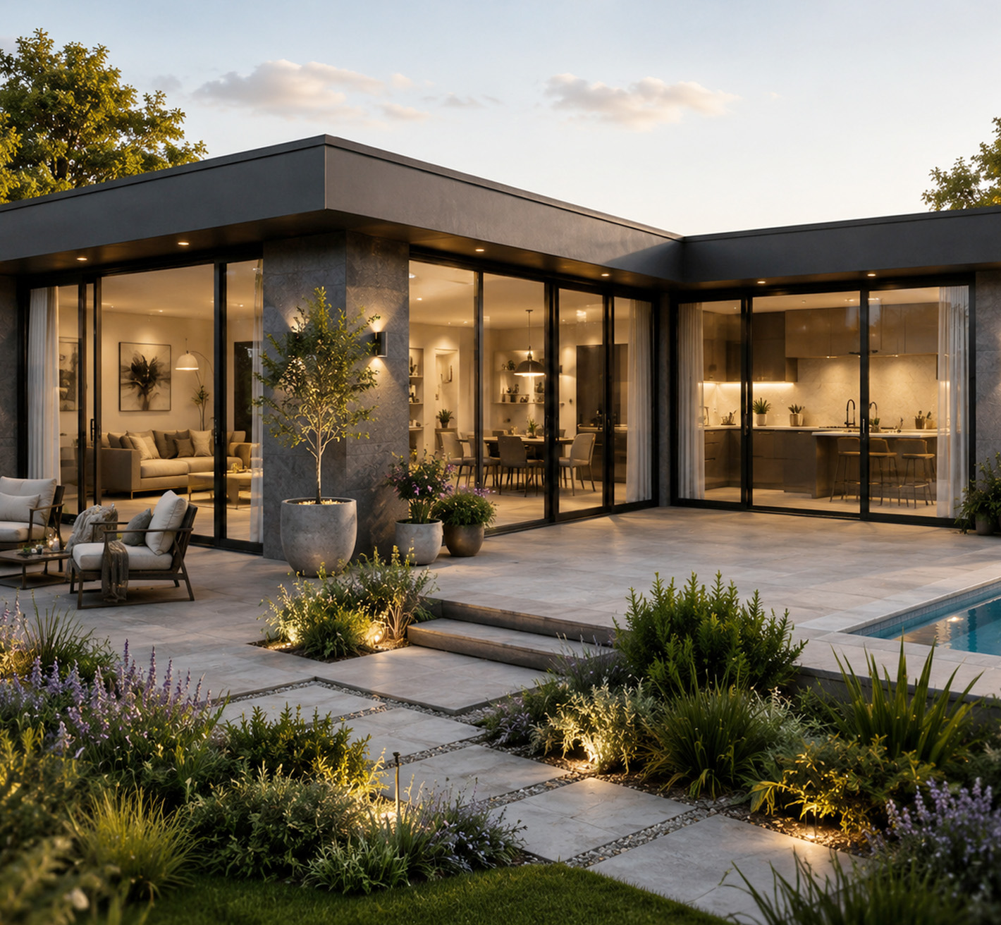 custom Garden Room fully glazed with exterior ambient lighting