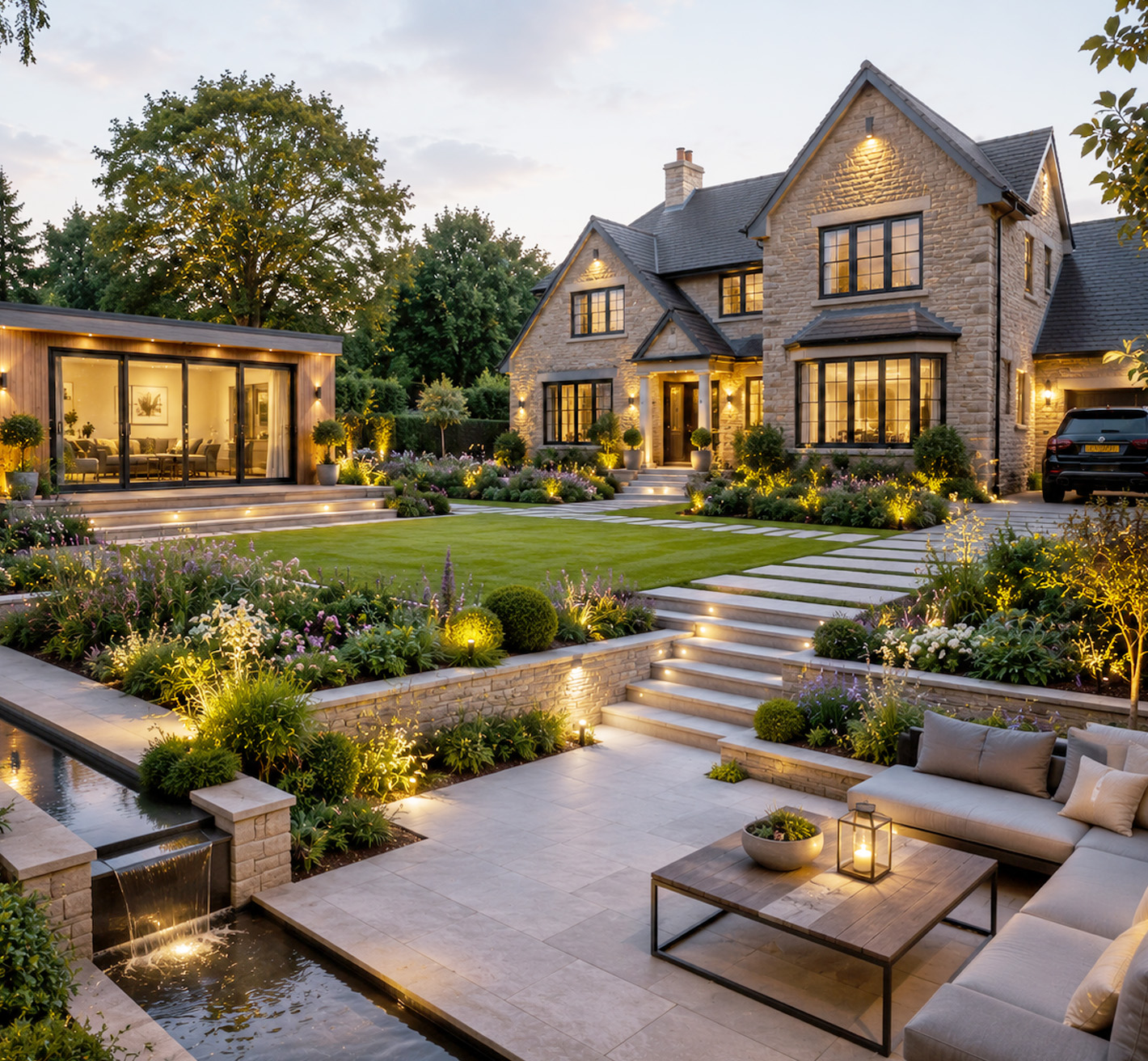 Landscaped gardens around a garden room, Ayelsbury
