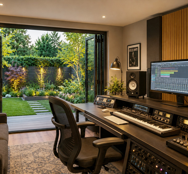 Soundproofed garden music studio with acoustic treatment