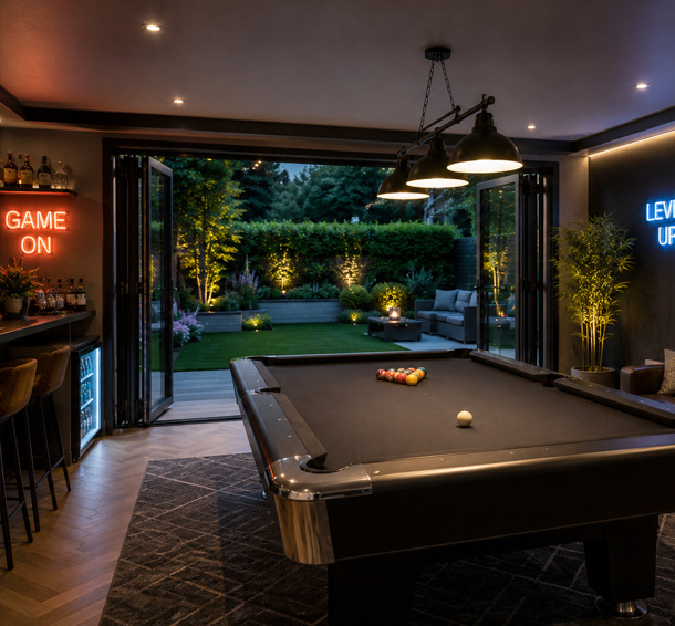 Garden games room with pool table and seating area