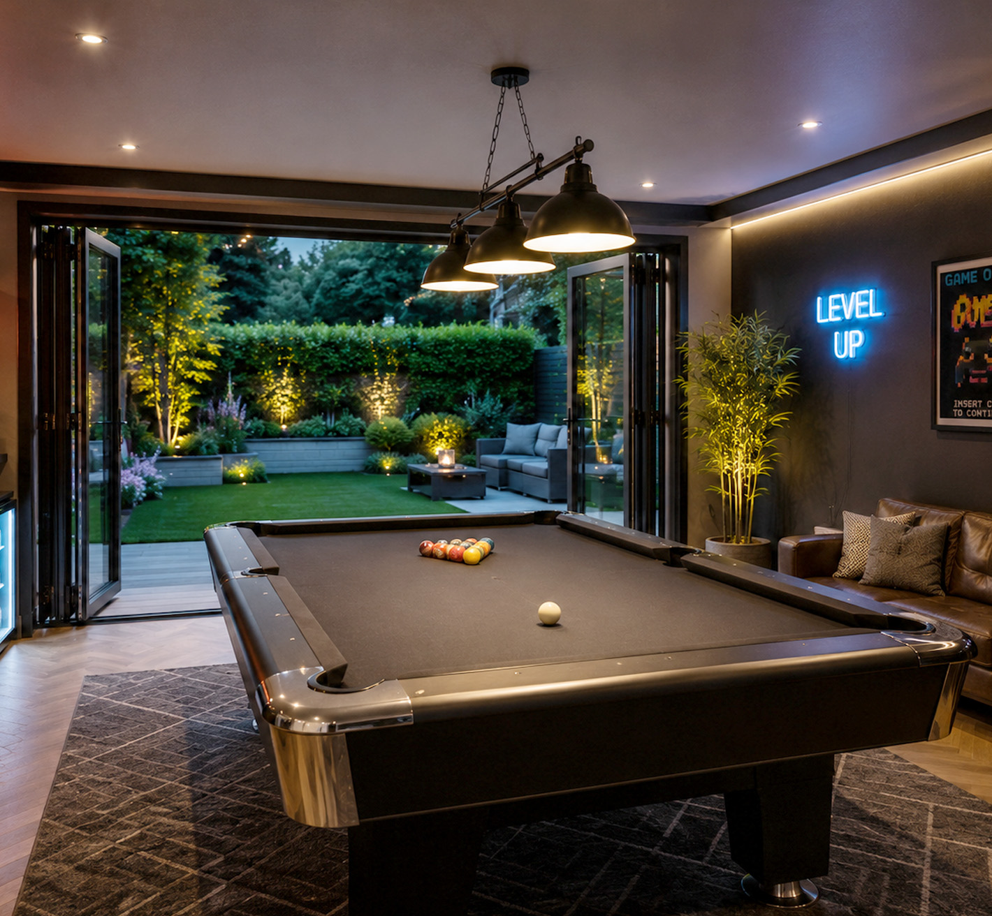 • Interior of a 12m² garden room with a pool table, storage and oak flooring