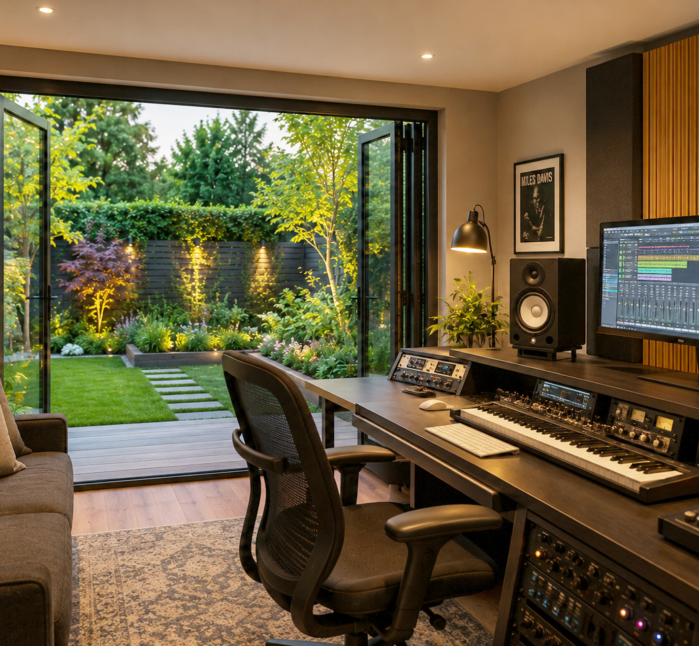interior of a custom built garden music studio in Tring