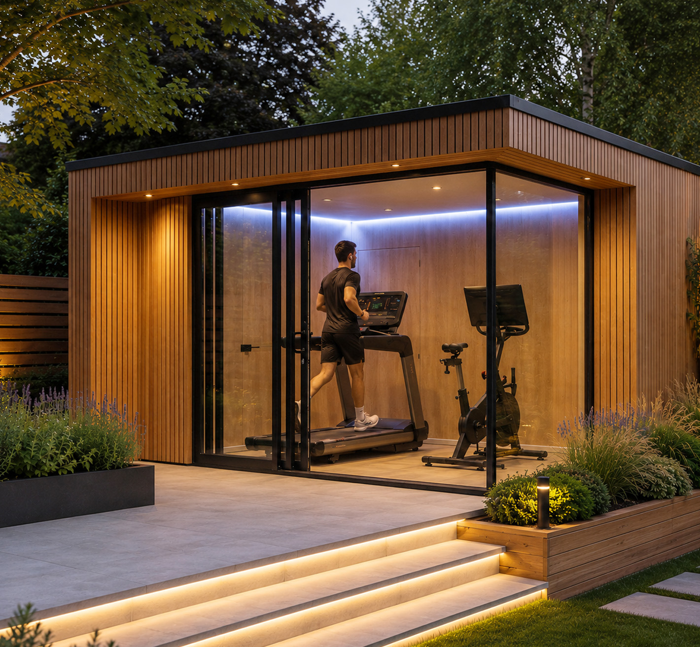 garden gym with cedar cladding and full-height glazing, Tring